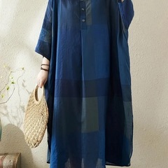 新品　ロングワンピース　総柄　F　大きい　フレア　ネイビー　紺　ゆったりの画像