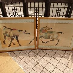 大型額縁　木製　ガラス　2枚セット　レトロ　絵画付きの画像