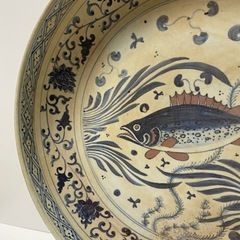 元時代 青花 魚藻文葵口大盤 唐物 箱付き 陶磁器 中国美術