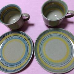 【新品】 有田焼　陶器製カップ・ソーサー 2客　黄緑、青の画像