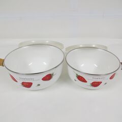 Strawberries ストロベリーズ ホーロー 琺瑯 保存容器 ボウル 片手鍋 大小 2個セットの画像