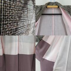 紬 着物 アンティーク 昔着物 村山大島紬 幾何学模様 茶色 広衿 正絹 カジュアル 仕立て上がり着物 身丈151cm 【キモノオフ野々市若松店】の画像