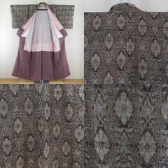 紬 着物 アンティーク 昔着物 村山大島紬 幾何学模様 茶色 広衿 正絹 カジュアル 仕立て上がり着物 身丈151cm 【キモノオフ野々市若松店】の画像