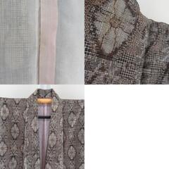 紬 着物 アンティーク 昔着物 村山大島紬 幾何学模様 茶色 広衿 正絹 カジュアル 仕立て上がり着物 身丈151cm 【キモノオフ野々市若松店】の画像