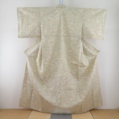 紬 着物 雲取り模様 黄色ｘ緑色ｘ赤色 袷 バチ衿 絹 仕立て上...