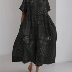 新品　ロングワンピース　総柄　XL　大きい　フレア　黒　ブラック　