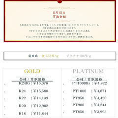大黒屋仙台パルコ店 5/15　本日の貴金属の買取金額