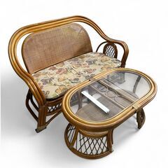 【ラタン家具】2人掛けソファ＆ガラステーブルセット ナチュラル ...