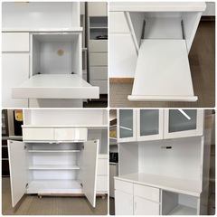 【美品‼️】120cm幅キッチンボード 食器棚 収納家具 艶ありホワイト♪の画像