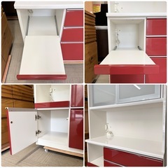 【超美品‼️】定価25万♪ 高級 松田家具 117cm幅キッチンボード 食器棚 収納家具 鏡面仕上げレッド♪の画像