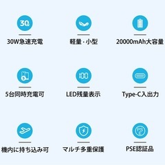 【新品未使用】① モバイルバッテリー 20000mAh 大容量 軽量 小型 LED残量表示 最大5台同時充電 スマホ充電器 携帯充電器 iOS/Androidデバイス対応 30W急速充電 PSE認証済み 安全回路保護 機内持ち込み可 旅行/出張/アウトドア/キャンプ/停電対策/防災の画像