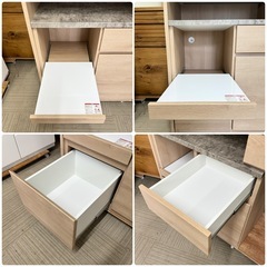 【超美品‼️】高級♪ 三幸ジャパン 80~147cm幅 伸長式キッチンカウンター 食器棚 収納家具 天板大理石調 木目調ライトブラウン♪の画像