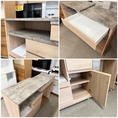 【超美品‼️】高級♪ 三幸ジャパン 80~147cm幅 伸長式キッチンカウンター 食器棚 収納家具 天板大理石調 木目調ライトブラウン♪の画像