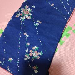 【引取限定】花柄紺色小紋着物　和服　和装　青　桜　ピンクの画像