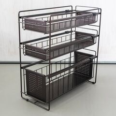 キッチン収納　シンク下スライドラック　3段　ブラウンの画像