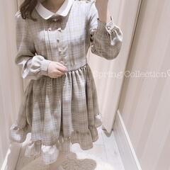 [美品]evelyn VフリルタックOP エブリンチェックワンピースブローチ付きの画像