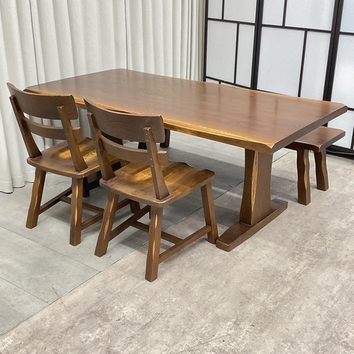 KE-31【新入荷　リサイクル品】フジシ　和風　楢材　ベンチダイニング4点セット　ブラウン