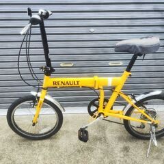 山梨県.ルノーRenault.カングーイエロー、折りたたみ自転車18インチ.シマノ6速ギヤ.中古自転車キレイ！ガレージ保管、すぐに乗れます！7月中価格！。の画像