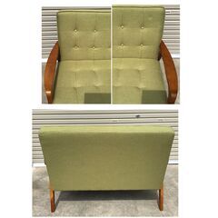 316【美品】ニトリ２人用ソファー ルッキKD カーキグリーン 幅 116㎝ 奥行 74㎝ 高さ 80㎝ メッシュのメッシュの１人掛け椅子付きの画像