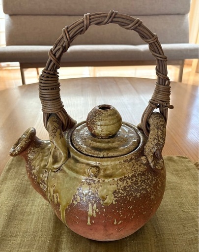 信楽焼 特大土瓶 籐巻持ち手 急須 薬缶 38×48×H56cm 陶器【中古