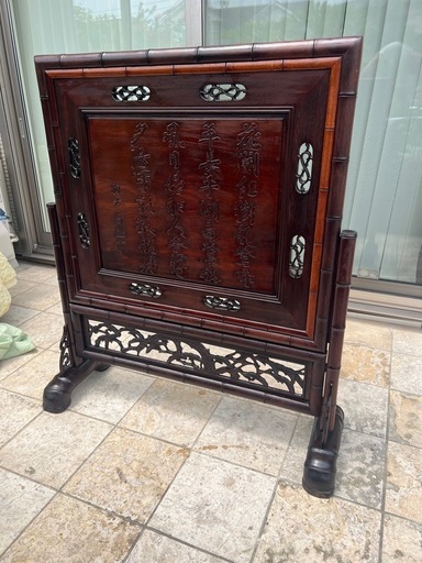 DIK136 中国古美術 見事な木彫刻 4枚折り衝立 間仕切り オブジェ 4連