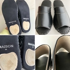 未使用品 MAISON  前開き 高級 スリッパ  ブラック レザー調 合皮 Mサイズ 女性用の画像