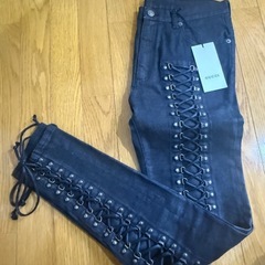 新品 超高級 GUCCI グッチ ブラックレースアップストレッチデニムジーンズ㈱ケリングの画像