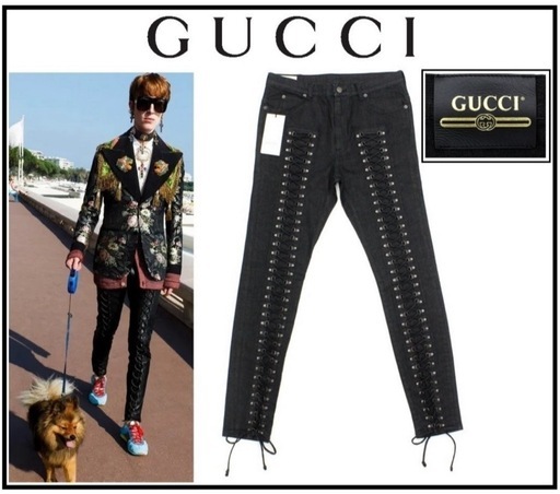 新品 超高級 GUCCI グッチ ブラックレースアップストレッチデニムジーンズ㈱ケリング
