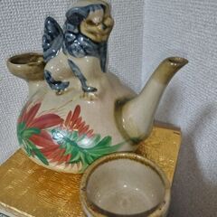 未使用　獅子(シーサー) 一口カラカラ 琉球焼 貫入 朝日陶器作 (沖縄)の画像