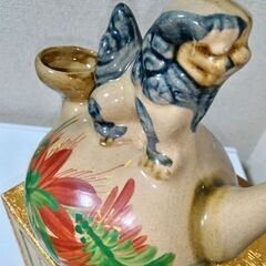 未使用　獅子(シーサー) 一口カラカラ 琉球焼 貫入 朝日陶器作 (沖縄)の画像