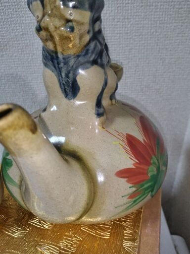 未使用獅子(シーサー) 一口カラカラ 琉球焼 貫入 朝日陶器作 (沖縄