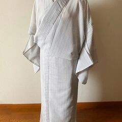 夏のお出掛けに★グレーにストライプ柄の洗える絽着物／Lサイズ