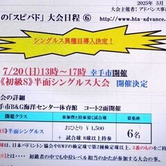 スピバド★7/20(日)「初級S 半面シングルス大会」開催のお知らせ