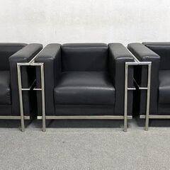 LC2 シングルソファ ル・コルビュジエ ブラック 幅約80 デザイナーズ 3脚セット リビング 応接 リプロダクト 中古家具 店頭引取歓迎 R9580の画像