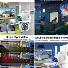 未使用デュアルレンズセキュリティカメラ4MP、IP65防水双方向音声、WiFi、SD  クラウド対応の画像