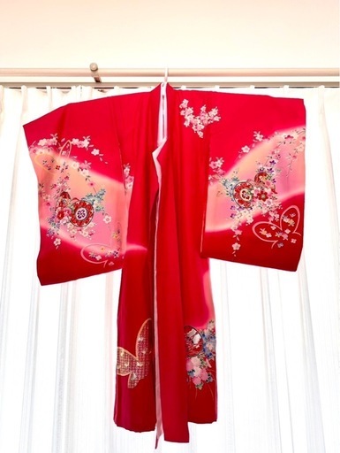 412ax7□お宮参り 女児 祝い着 着物 産着 掛け着 長襦袢付 七五三にも□ お宮参り 着物 女の子 初着 産着 正絹 鈴に鼓 赤 女児 祝着 掛け