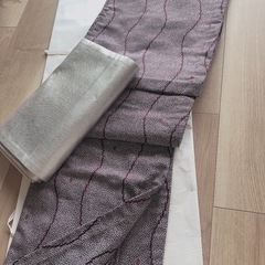 着物　帯セット　紫色と白　金糸の小紋