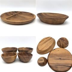 ss7549　未使用品 木製食器 8点セット 4種×2枚 ウッドプレート ウッドディッシュ ボウル 大皿 仕切り 楕円 木のお皿 器 カフェ風 木製食器の画像