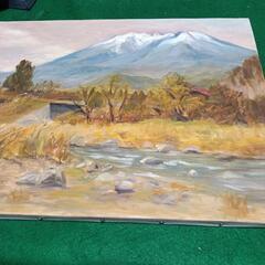 真作、長生玲子の油彩画[御嶽山]開田高原から