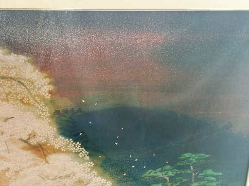 絵画【夜桜】 微細なパールのような煌めきとひとひらの花びらまで描かれた美しい絵