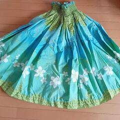 【美品】フラダンス用スカート 青緑 花柄　パウスカート　着丈約87cm