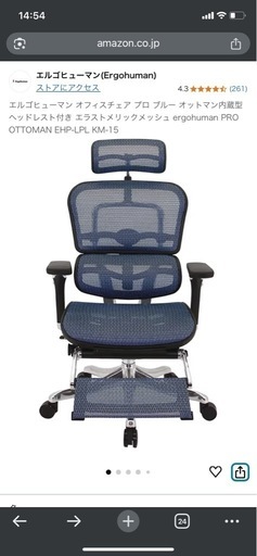 エルゴヒューマン オフィスチェア プロ ブルー オットマン内蔵型 ヘッドレスト付き エラストメリックメッシュ ergohuman PRO OTTOMAN EHP-LPL KM-15
