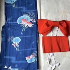 金魚柄　浴衣（綿100％）　＋　作り帯（赤）