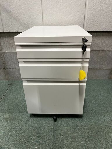 3段 デスクワゴン 袖机 スチール製 キャスター付 鍵付 ホワイト 幅40cm×奥行51cm×高さ60cm