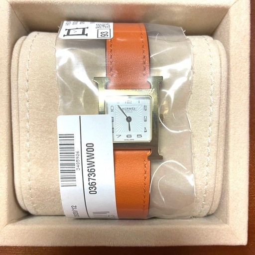 新品HERMES エルメス Hウォッチ PM オレンジ×ゴールド金具