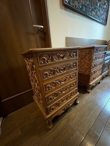 アジア家具　彫刻入り木製5段引き出し アジア家具#1 木製彫刻入り5段キャビネット