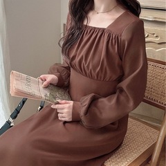 【定価¥8700新品】チュール袖フレアワンピース Mサイズ モカブラウンの画像
