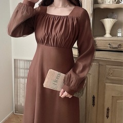 【定価¥8700新品】チュール袖フレアワンピース Mサイズ モカブラウンの画像