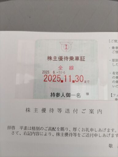 神戸電鉄　株主優待乗車証(全線)　１枚