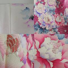 振袖 白色ｘピンク色ｘ紫色 刺繍入り 牡丹に孔雀の羽根文様 ぼかし染め 正絹 袷 広衿 成人式 仕立て上がり 身丈161cm 【キモノオフ野々市若松店】の画像